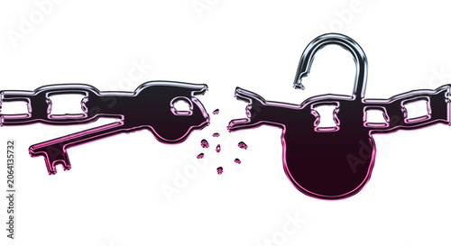 A broken chain with a key and padlock on a transparent background symbolizes freedom.
