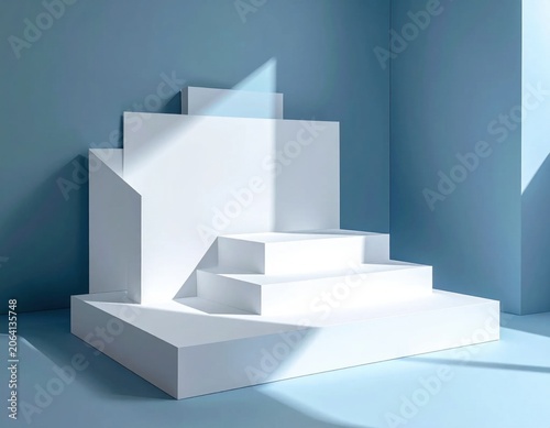 Empty white geometric product display podium with sharp shadows, ideal for cosmetic, jewelry or luxury brand presentation platform