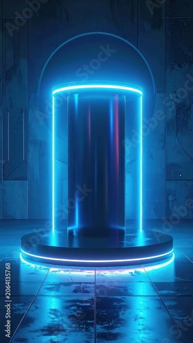 Futuristic cylindrical podium with glowing blue neon light rings, dark industrial background for product display, modern stage