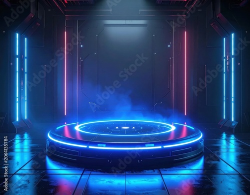 Futuristic circular product display podium with glowing neon blue lights and smoke, perfect for tech showcase