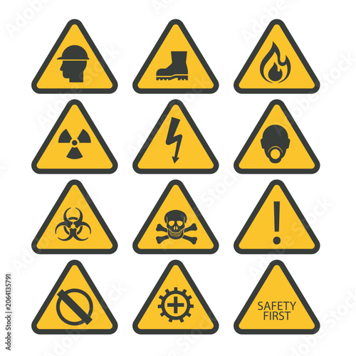 Set of yellow safety signs with skull and crossbones, a red exclamation point industrial