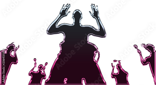 Obraz na płótnie A dancer performs with raised hands surrounded by outlined silhouettes