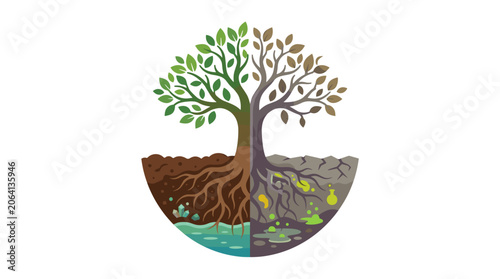 Tree with healthy roots and dry roots comparison.