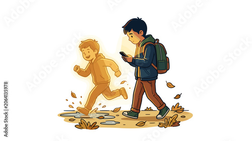 Two boys walking outdoors in autumn with one looking at a phone.
