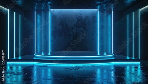 Futuristic stage with glowing blue neon vertical light tubes, dark reflective podium floor, cinematic atmosphere for presentation