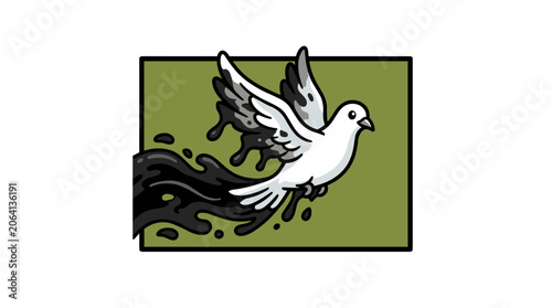 White dove flying with black ink trail symbolizing peace and pollution.