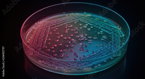Colorful bacterial colonies growing on agar media in a sterile petri dish, illuminated in a bioscience research and testing laboratory, isolated, experiment, detailed