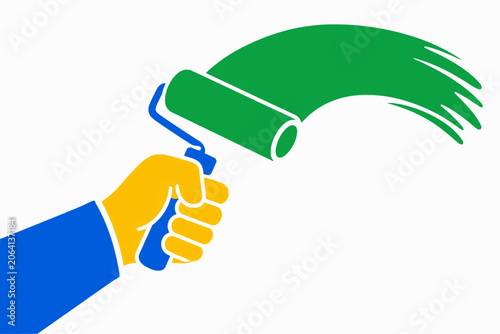 Multicolor Fist Holding Green Paint Roller With Paint Stroke Flat Vector Renovation Concept