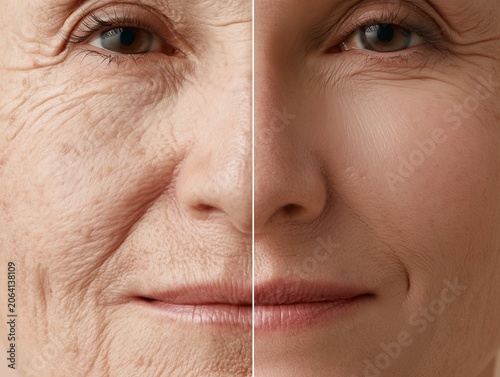 Before and after peptide therapy comparison of elderly woman's full face. Dramatic wrinkle reduction and skin rejuvenation dermatology concept with copy space.