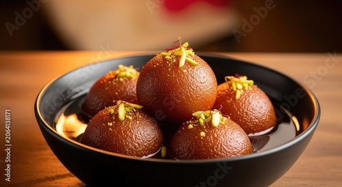 Indian gulab jamun dessert with saffron and pistachios in bowl