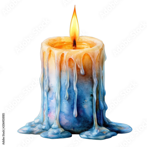 Watercolor illustration candle pillar candle with flame, isolated on transparent background