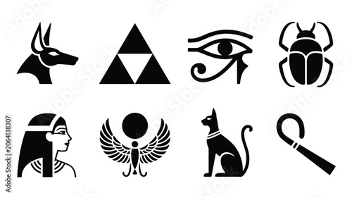Black vector silhouettes of ancient Egyptian mythology icons isolated collection including pharaoh queen scarab beetle crook eye and Anubis