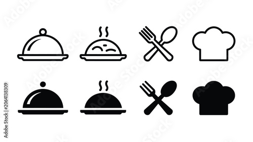 Restaurant and catering vector icons set featuring outline and solid silhouette symbols of chef hat cloche fork and spoon