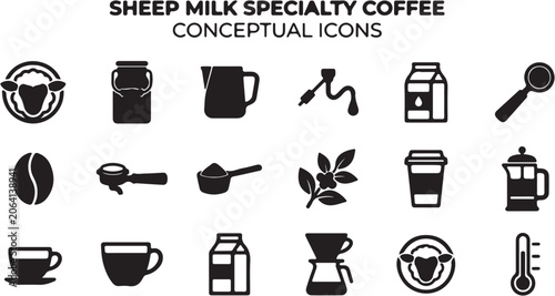 Foto Sheep milk specialty coffee conceptual icons collection.