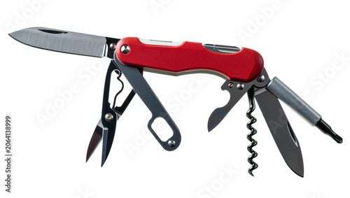 Quadro su tela Red multi-tool pocket knife with open blade scissors corkscrew, and pen