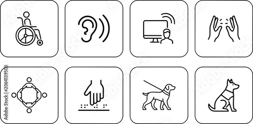 Set of eight accessibility and activity icons in flat design style