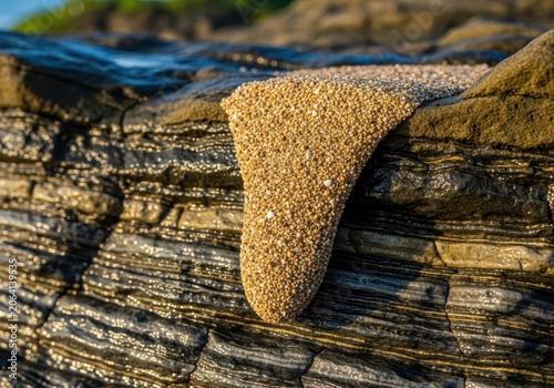 Isolated patch of gritty beach sand clinging precariously to wet, textured coastal rocks, highlighting contrast and erosion, coastal, beach, geography