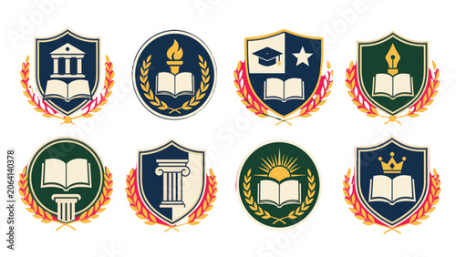 Set of academic shield and badge emblems with book symbols