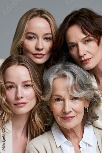 Four generations of women portrait collage on neutral background