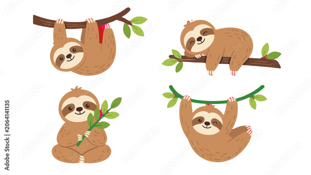 Fototapeta premium Cute hand drawn sloths in different poses on branches set