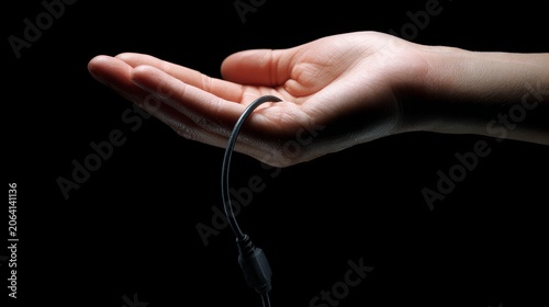 Luminous Hand Holding Electrical Power Cord Against Black Background