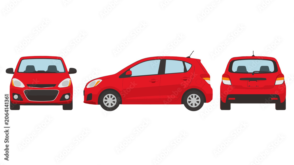 Fototapeta premium Red compact hatchback car shown from front side and rear