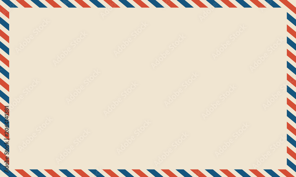 Fototapeta premium Vintage airmail border background with classic red and blue striped frame. Retro post card template design for letter and communication.