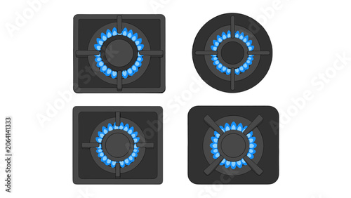Top view gas stove burners with blue flames vector set