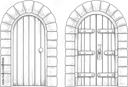 Two arched wooden doors with stone surrounds, one locked