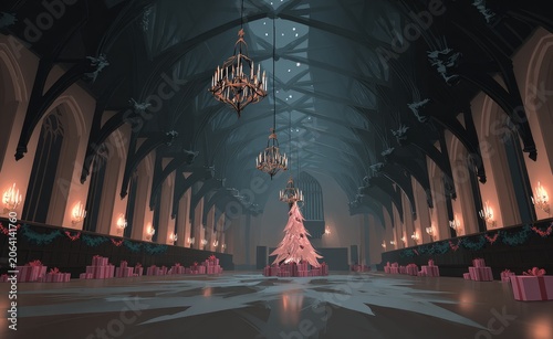 Festive Fantasy Great Hall with Grand Christmas Tree and Candlelit Ambiance