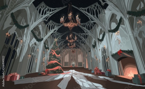 Painterly Christmas Scene in an Elegant Magical Castle Gathering Hall