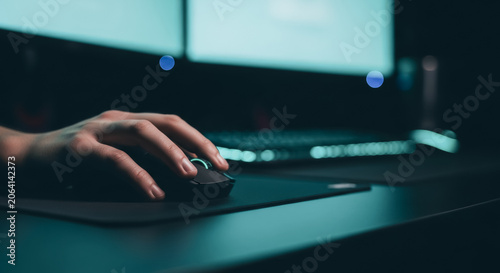 Close-up of a human hand using a professional gaming mouse in a dark room representing high-performance digital interaction