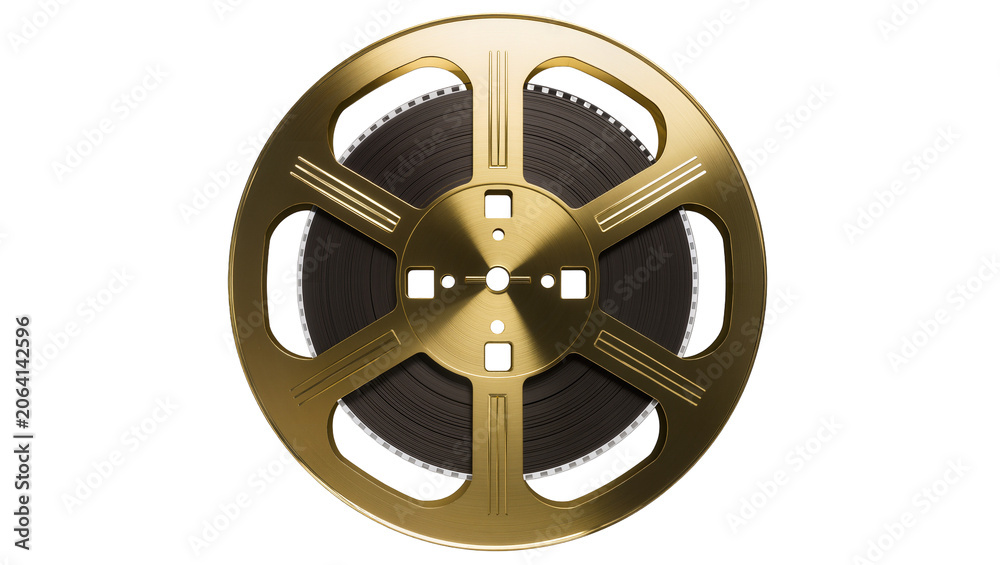 Fototapeta premium Golden film reel with dark movie tape