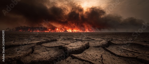 Apokalyptische Landschaft durch das El Niño-Phänomen: Rissige, trockene Erde und ein verheerender Waldbrand. Konzept für Klimawandel. KI-generiert