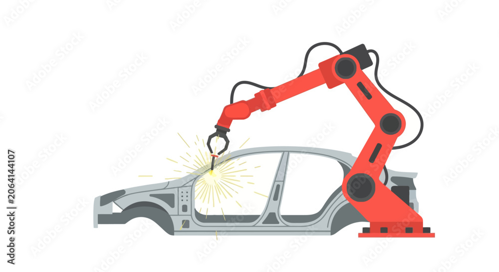 Naklejka premium Robotic arm welding car chassis, industrial automation, manufacturing process