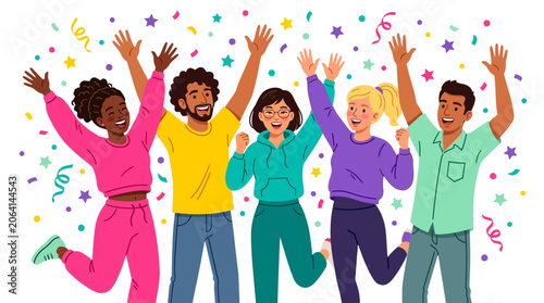 Friends celebrating a joyous occasion with arms held high and colorful confetti raining down on a white backdrop.