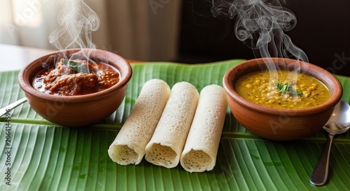 South Indian appam rolls with meat and lentil curry