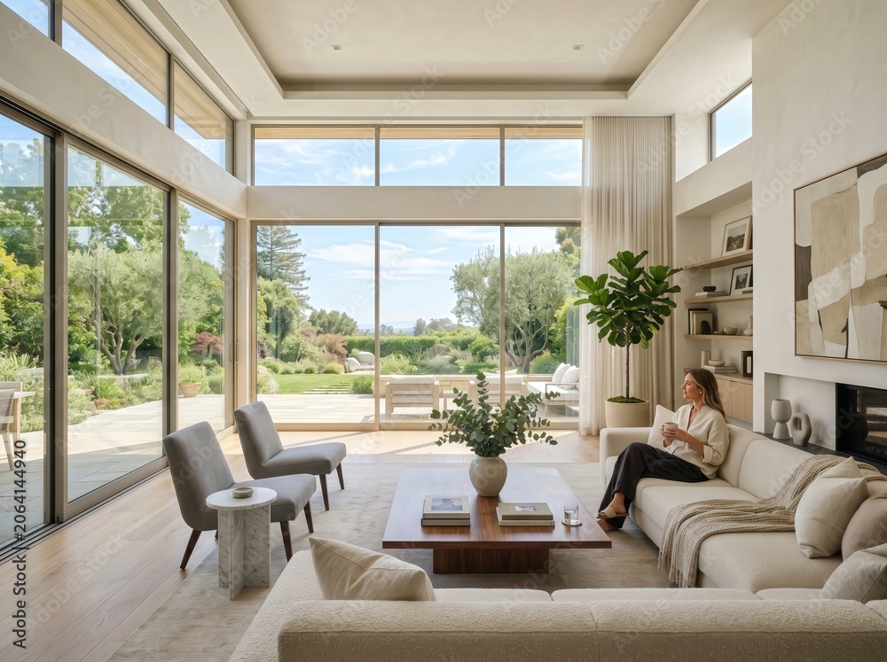 Fototapeta premium Modern bright living room with large windows and serene outdoor views in cozy home setting