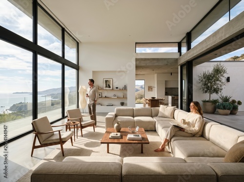 Modern living room with panoramic views and cozy ambiance in a contemporary home