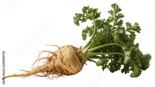 Obraz na plátně Parsnip root vegetable with green leaves and thin roots