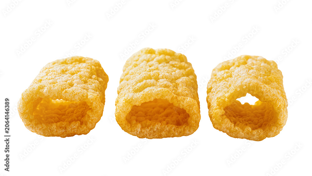 Obraz premium Three crunchy corn puff snacks with hollow centers