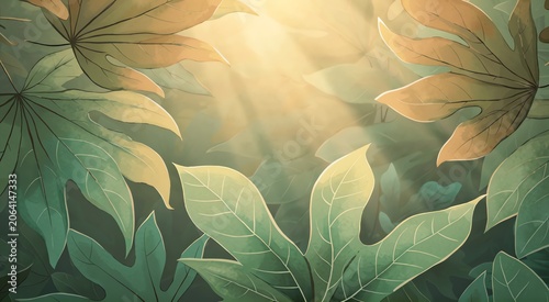 Sunlit Green Leaves in Warm Forest Light