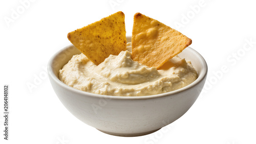 Quadro su tela Creamy hummus dip with corn tortilla chips in white bowl