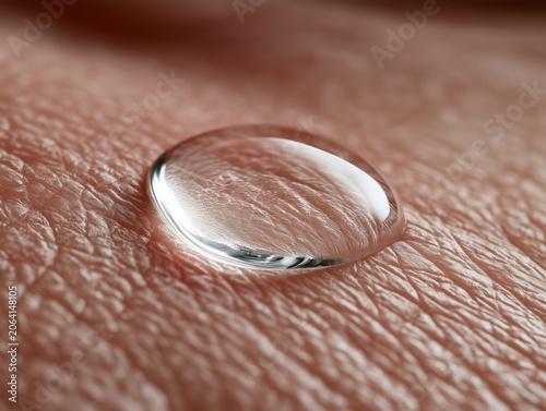 Macro shot of single peptide serum drop resting on detailed skin texture. Deep hydration and anti-aging dermatology skincare absorption concept.