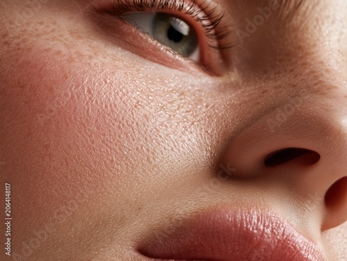 Extreme close-up of youthful eye and cheek skin with fine texture detail. Natural peptide anti-aging dermatology skincare results and healthy glow.