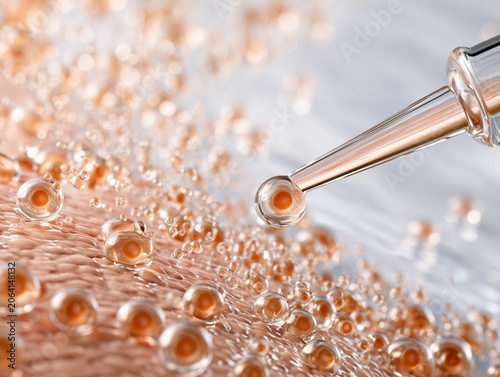 Dropper applying peptide serum with golden bubbles on skin surface. Luxury anti-aging dermatology skincare treatment and deep hydration concept.