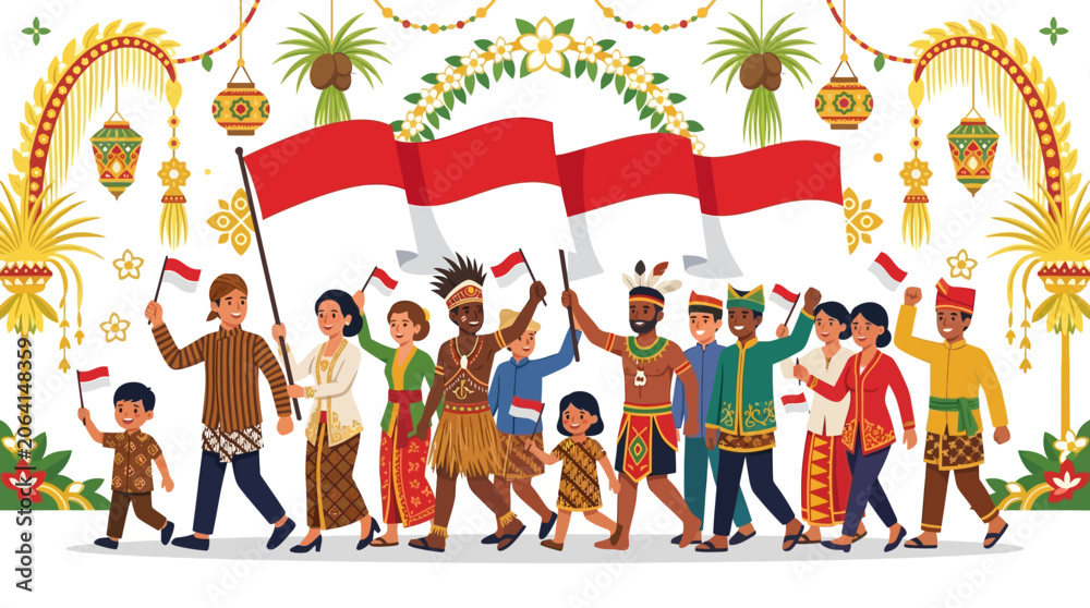 Fototapeta premium Celebrating national pride, diverse Indonesian people in traditional attire proudly march with flags, symbolizing unity and rich heritage.