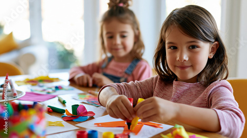Children doing colorful arts and crafts at a table