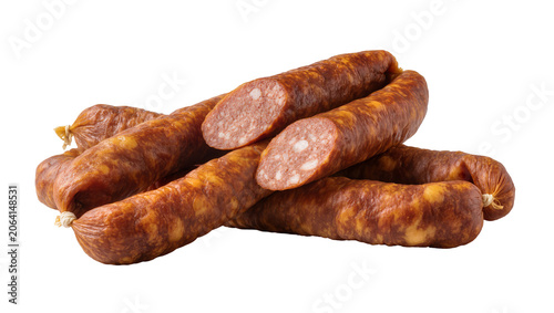 Foto Smoked pork sausages with visible fat and meat texture