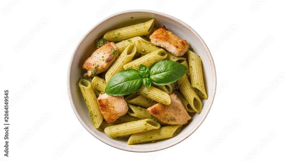 Naklejka premium Penne pasta with grilled chicken and basil pesto sauce in a bowl